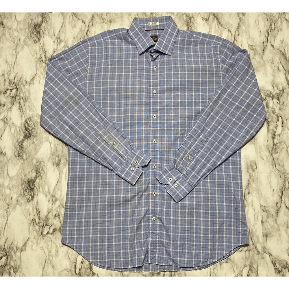 Peter Millar Dress Shirt Mens Size 16.5 Blue White Plaid Long Sleeve